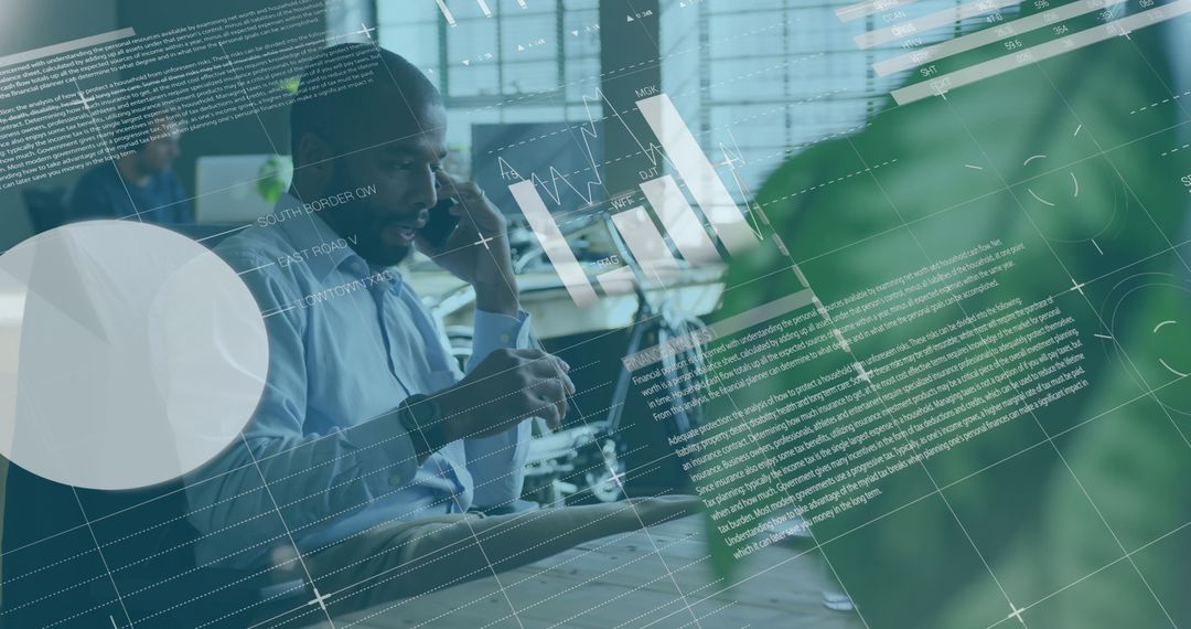 Businessman Analyzing Data and Talking on Smartphone in Modern Office