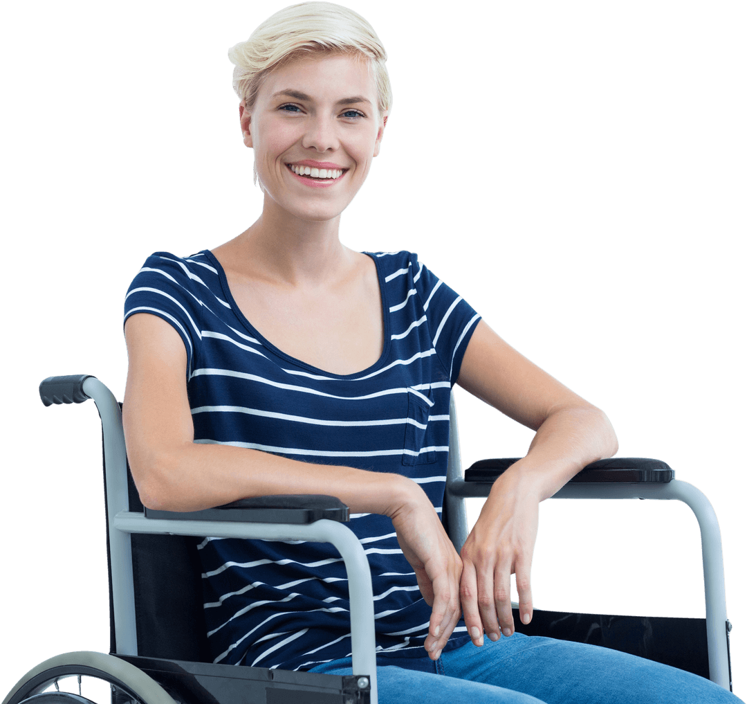 Caucasian Woman Smiling in Wheelchair on Transparent Background