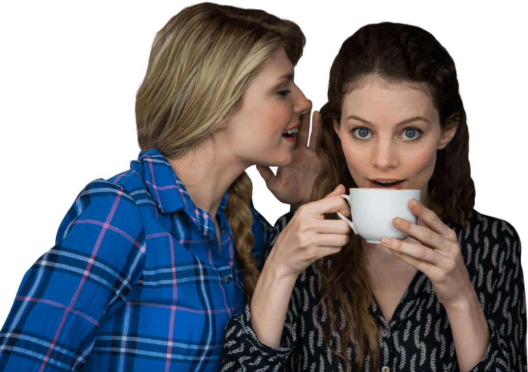 Two Women Enjoying Coffee While Sharing Secrets, Whispering Transparent Photo