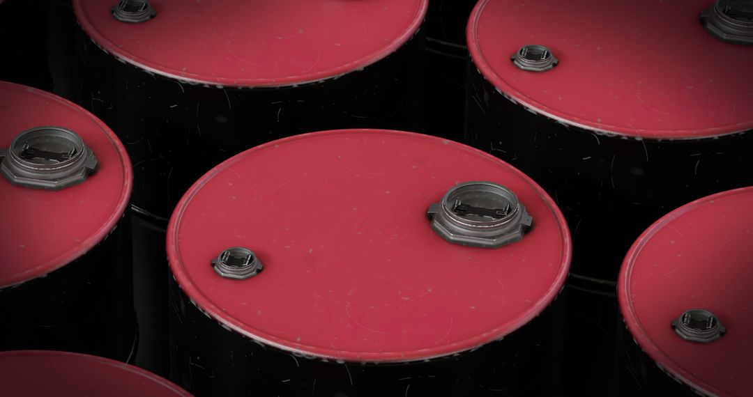 Top View of Several Red Fuel Barrels in Storage