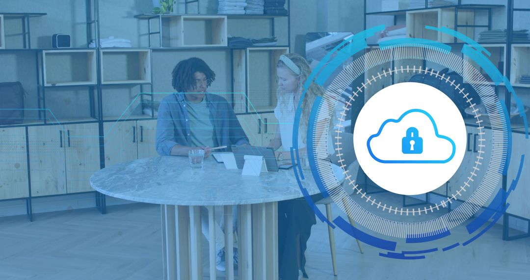 Colleagues Collaborating Over Tablet with Cloud Lock Overlay Representing Secure Cloud
