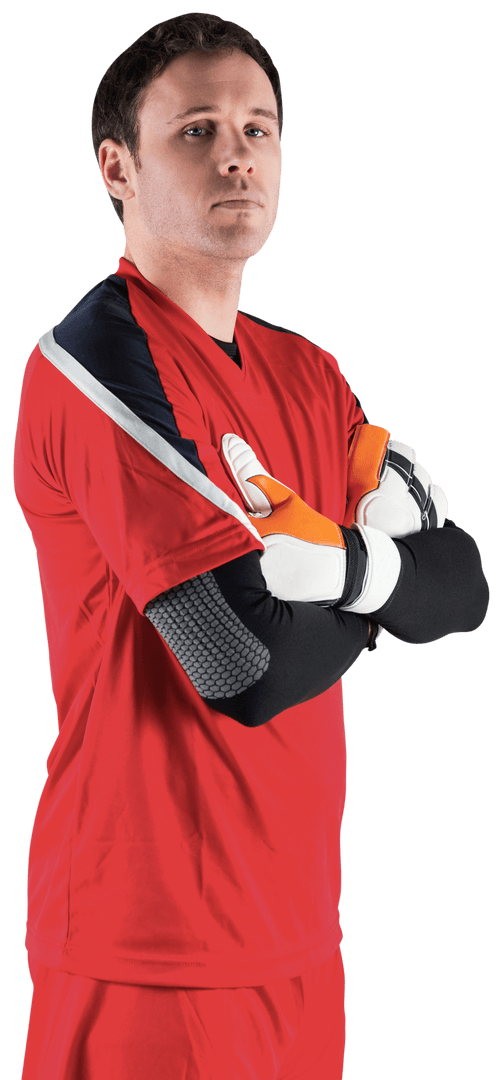 Confident Goalkeeper in Red Sportswear with Transparent Background