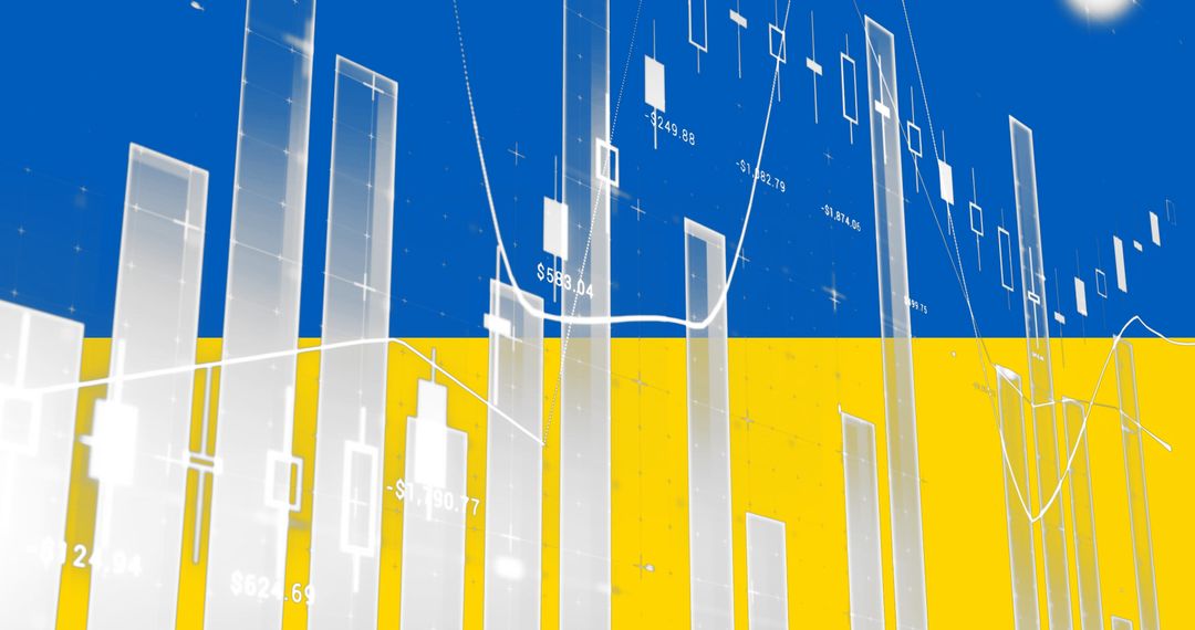 Financial Data Graphs Overlaid on Ukrainian Flag Visual