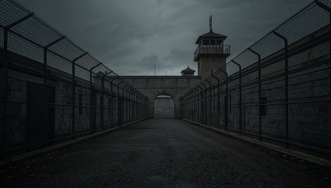 Moody Prison Corridor with Watchtower and Archway