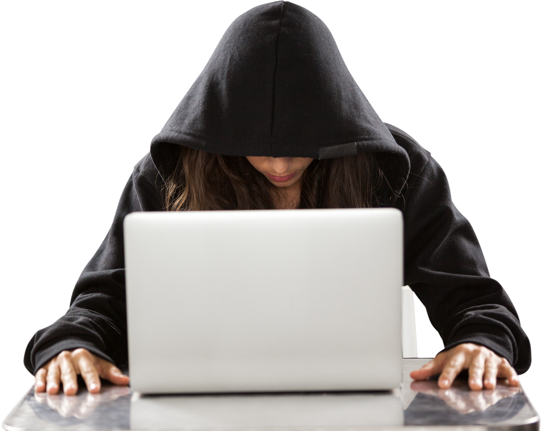 Female Hacker with Hood Working on Laptop – Transparent Background - Download Free Stock Images Pikwizard.com