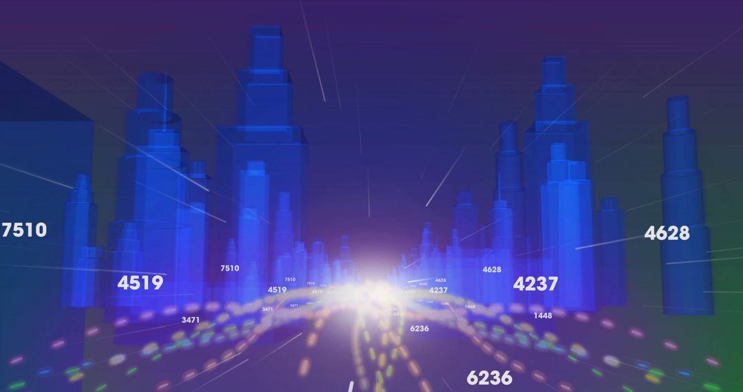 Futuristic Digital Cityscape with Blue Towers and Neon Data Trails