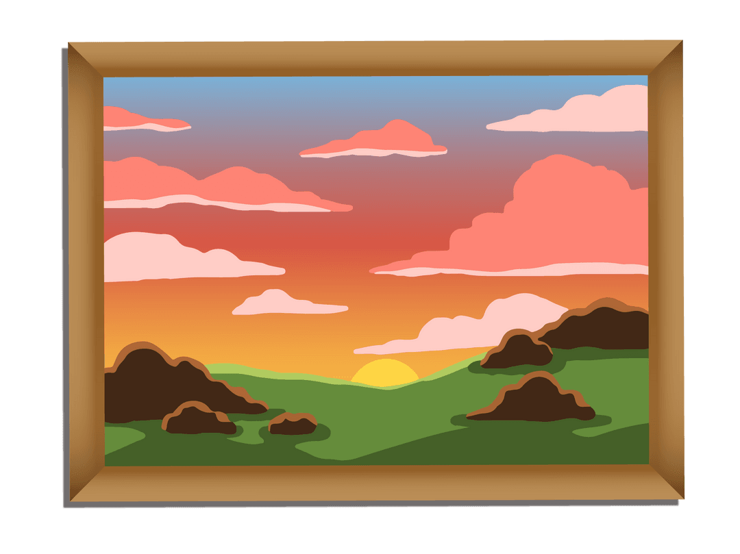 Peaceful Landscape Over Green Hills at Sunset on Transparent Canvas