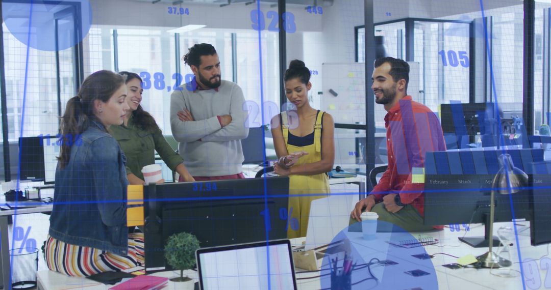 Diverse Team Collaborating in Modern Office with Digital Finances Overlay