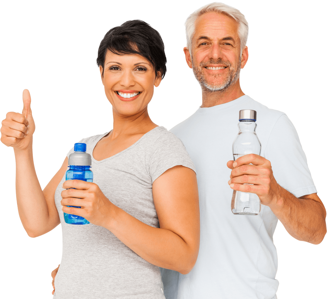 Happy Fit Couple Holding Water Bottles with Thumbs Up Transparent Background