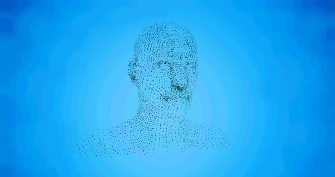 Digital Human Head Composed of Binary Code on Blue Background