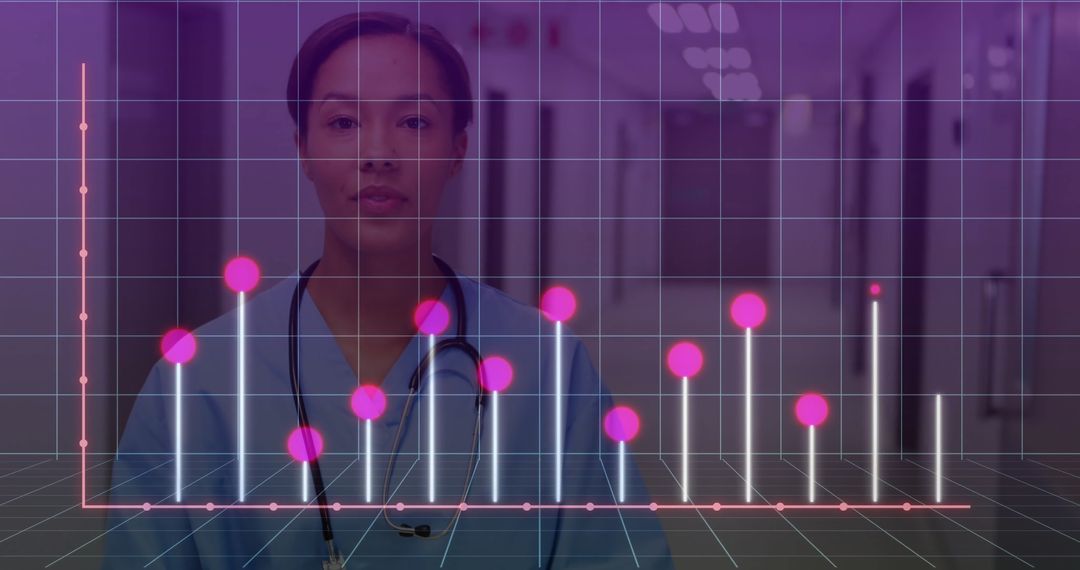 Nurse Analyzing Data in Hospital Corridor with Graph Overlay