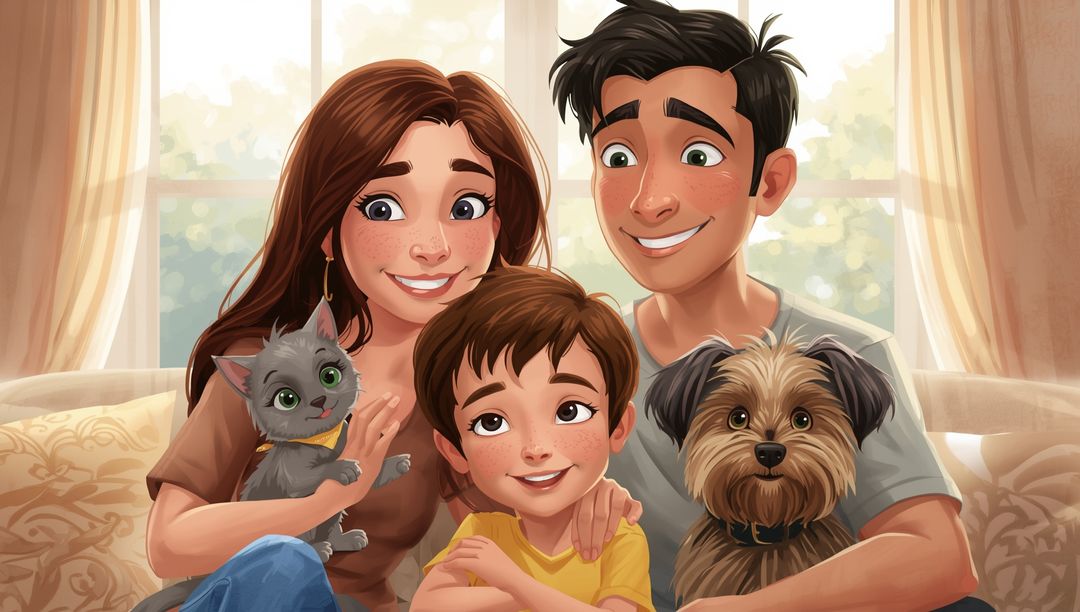 Portrait of Smiling Family with Pets Relaxing in Cozy Living Room