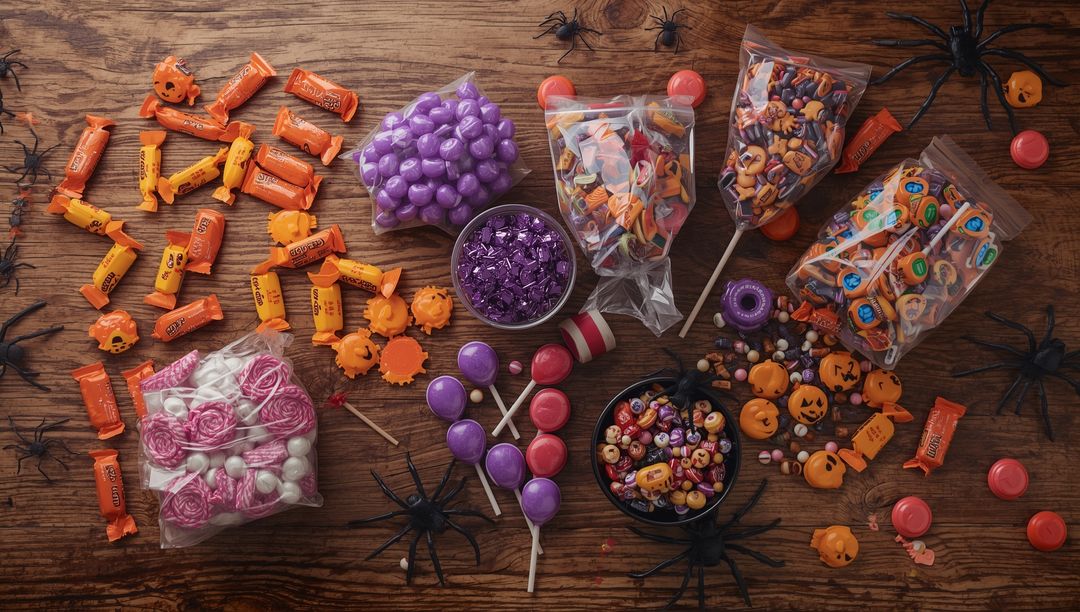 Halloween Candy Array with Spooky Spiders Celebrating Autumn