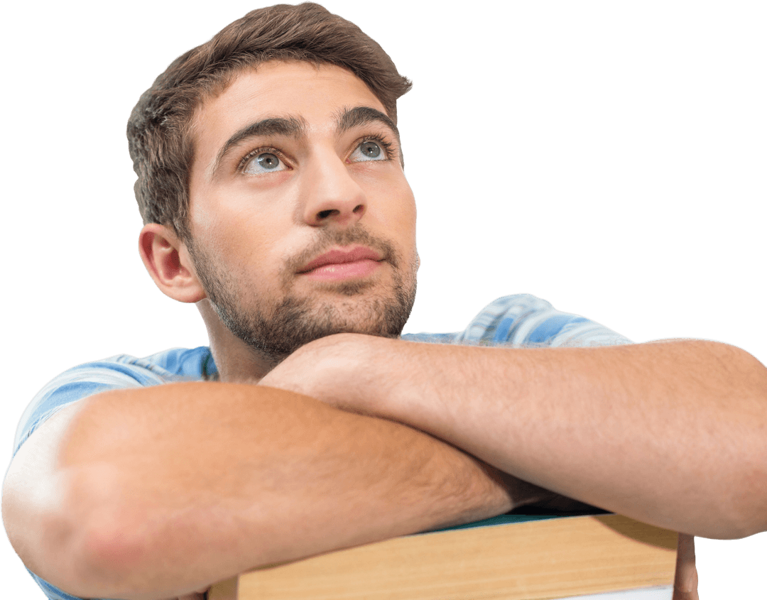 Caucasian Man Daydreaming with Book on Transparent Background