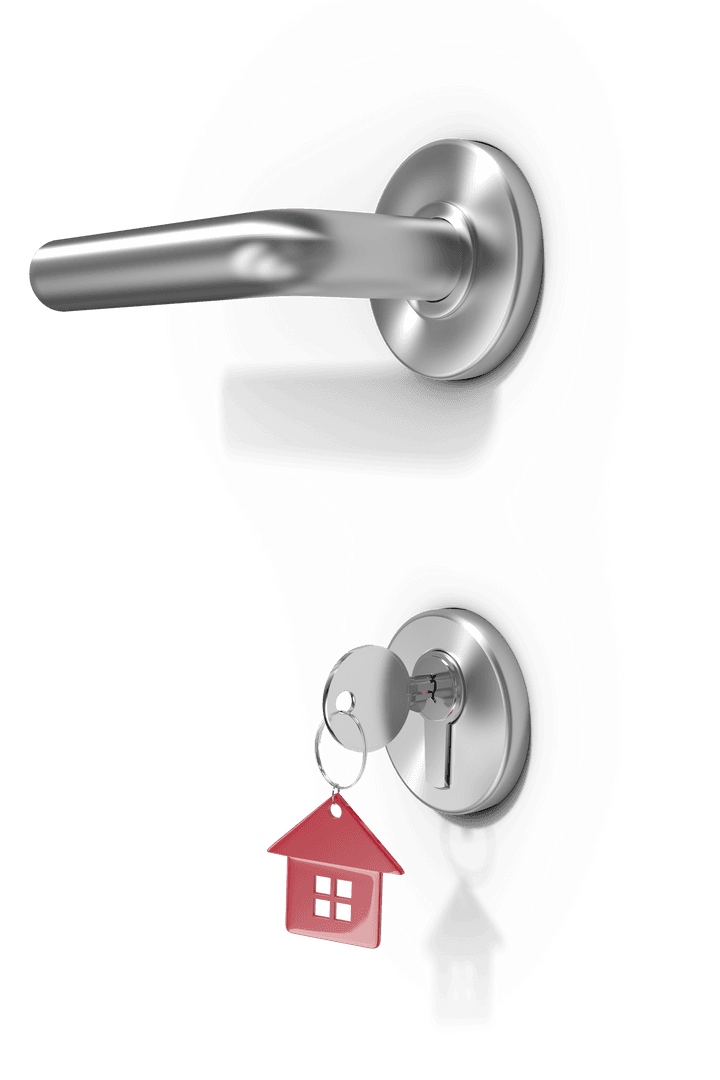 Transparent Metallic Doorknob with Red House Keyring Hanging in Keyhole