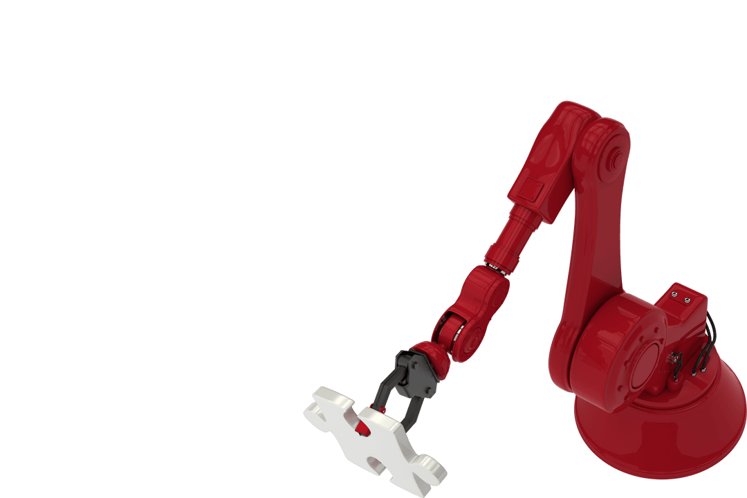 Red Robotic Arm Holding White Jigsaw Piece on Transparent Background