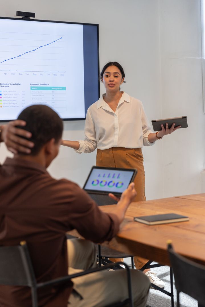 Diverse Team Presenting Rising Line Chart in Modern Office Environment
