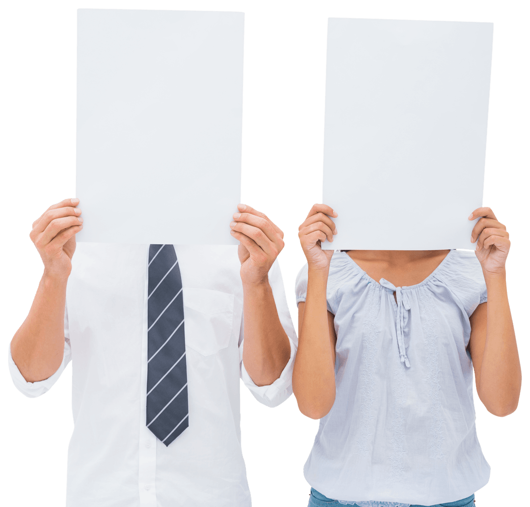 Couple Holding Transparent Blank Papers Over Faces in Fun Gesture