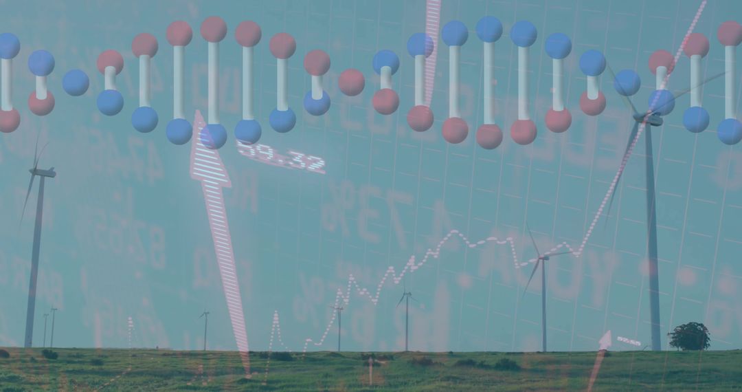 Wind farm with molecular models and market overlays showing renewable energy investment