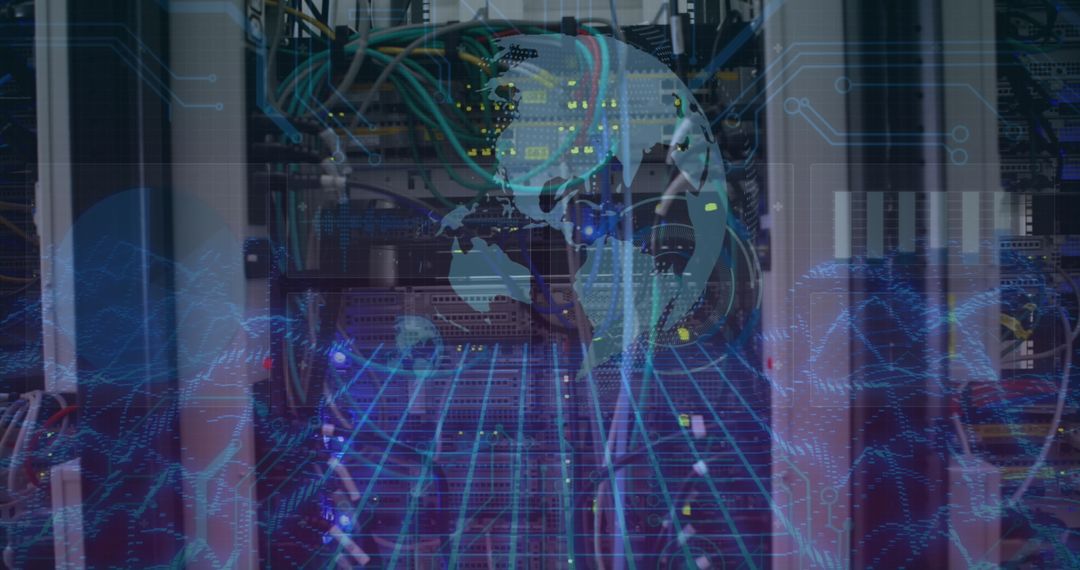 Digital World Connectivity Overlay on Server Rack
