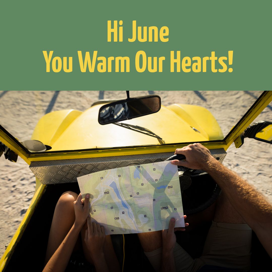 Couple Reading Map in Beachside Car Celebrating June Adventures