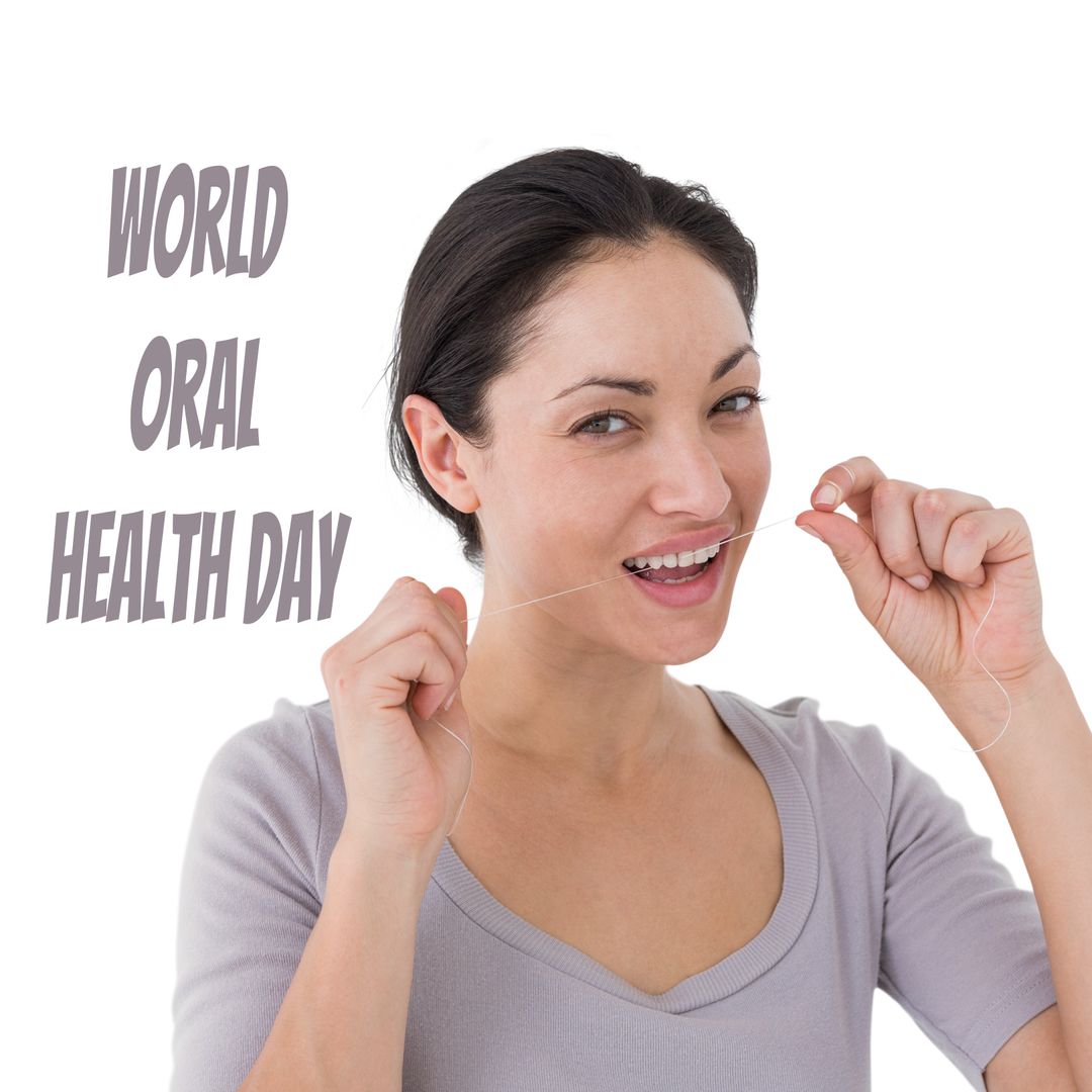 Woman Promoting World Oral Health Day Flossing Teeth - Download Free Stock Templates Pikwizard.com