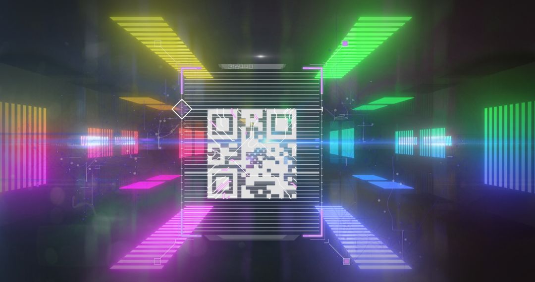 Futuristic Digital QR Code in Neon Cybersecurity Tunnel