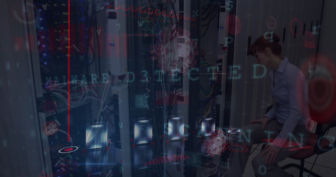 Woman Monitoring Data in Futuristic Server Room Environment