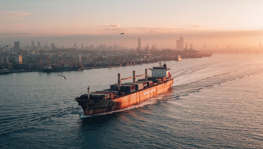 Container ship heading through harbor at sunrise with cranes, stacked containers and gulls
