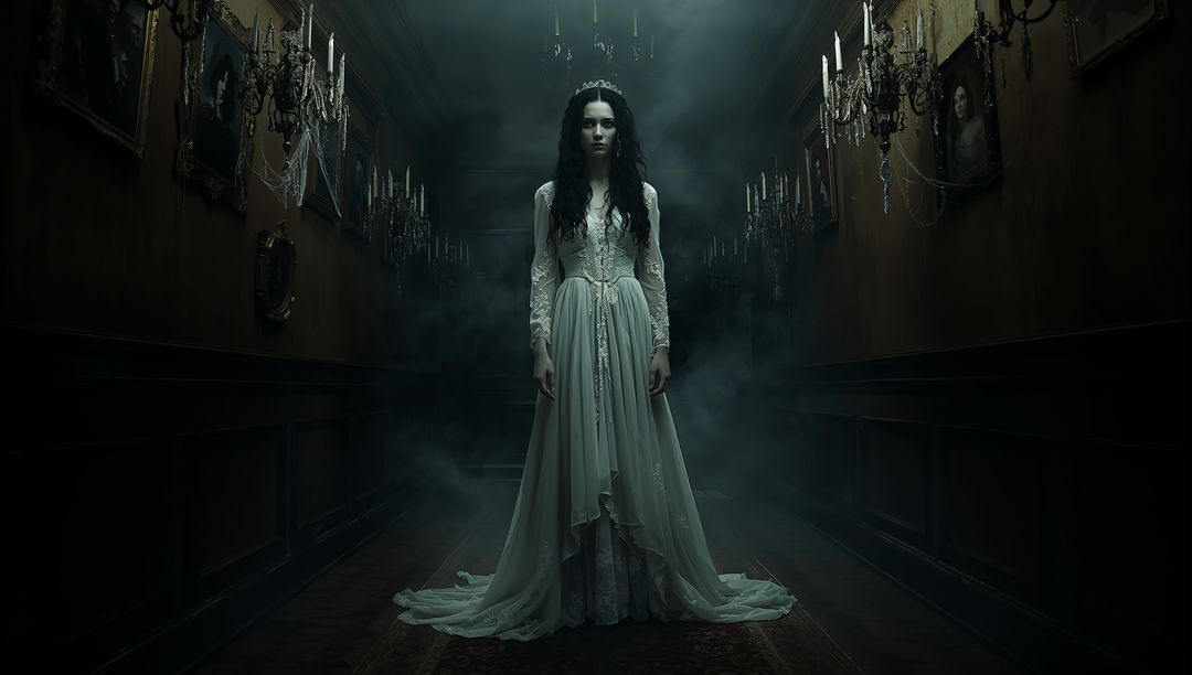 Ghostly Woman in Elegant Hallway Setting in Vintage Gothic Gown