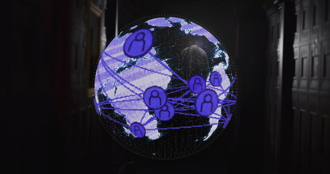 Holographic Globe Showcasing Global Network in Dim Corridor