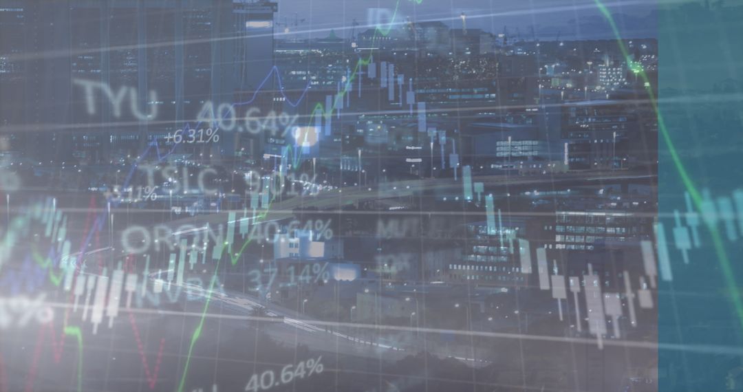 City Skyline with Transparent Stock Market Data Overlaid