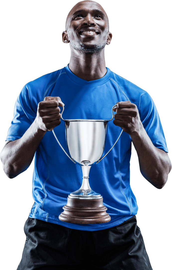Victorious Athlete Holding Trophy with Joyful Expression on Transparent Background