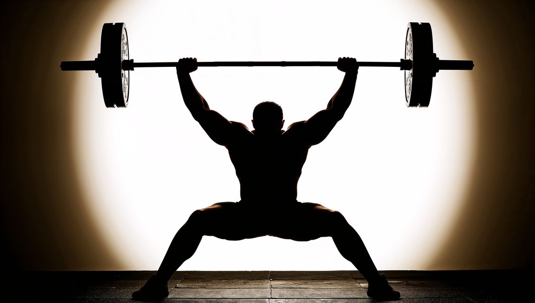 Silhouetted Powerlifter Lifting Overhead Barbell in Wide Squat Pose with Halo Backlight