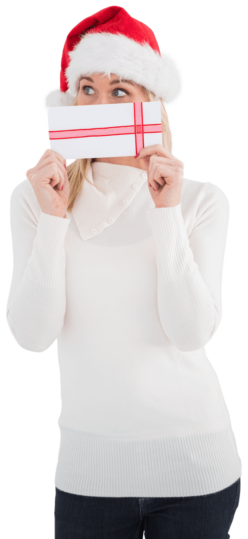 Festive Blonde Holding Wrapped Gift Display Enthusiasm
