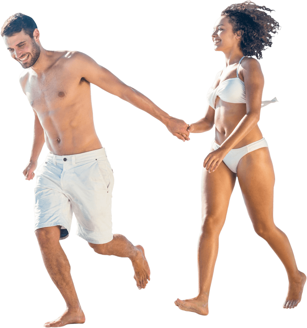 Joyful Caucasian Couple Holding Hands in Swimsuits Transparent Background