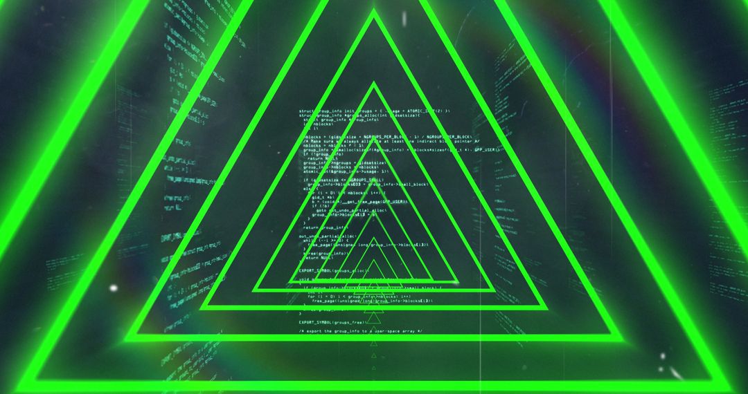 Futuristic Green Neon Triangles on Digital Code Background