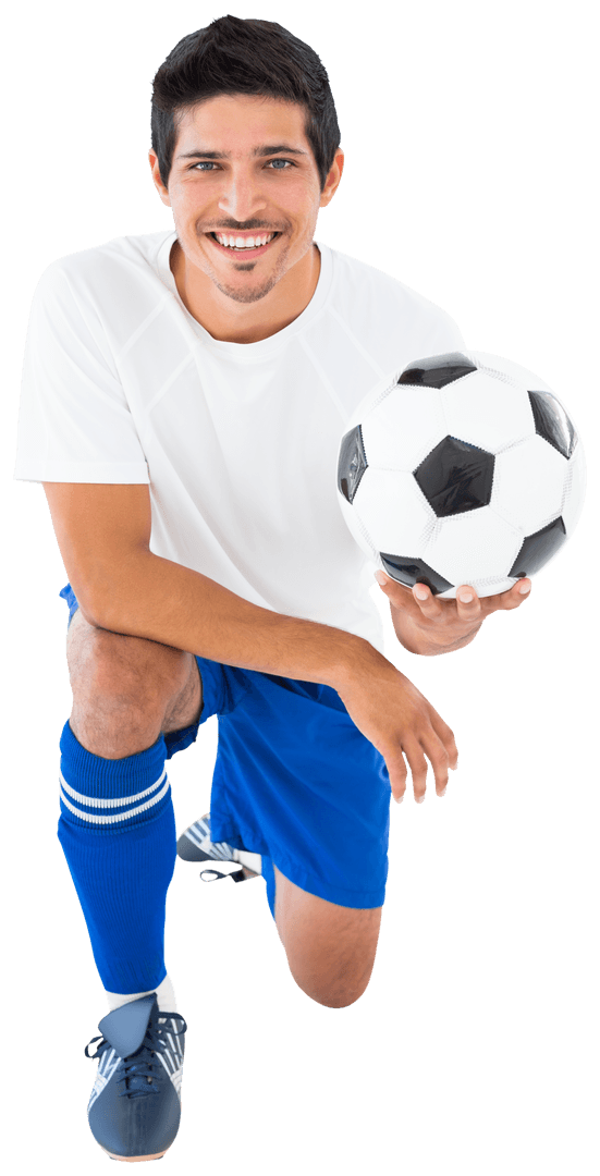Smiling Soccer Player Kneeling with Ball on Transparent Background