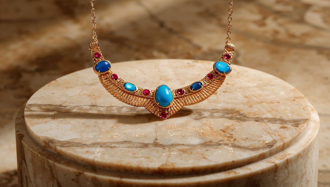 Opulent Gold Necklace with Turquoise and Ruby Stones