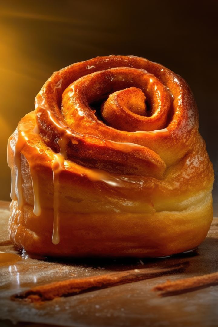 Close-Up of Freshly Baked Cinnamon Roll with Dripping Icing - Free Images, Stock Photos and Pictures on Pikwizard.com