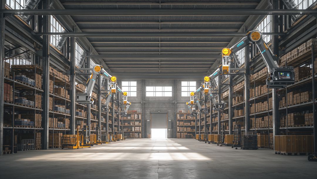 Automated Warehouse Interior with Robotic Picking Arms Along Central Aisle for Logistics