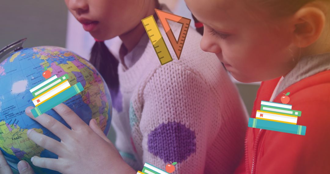 Curious Schoolchildren Exploring Globe with Digital Book Graphics