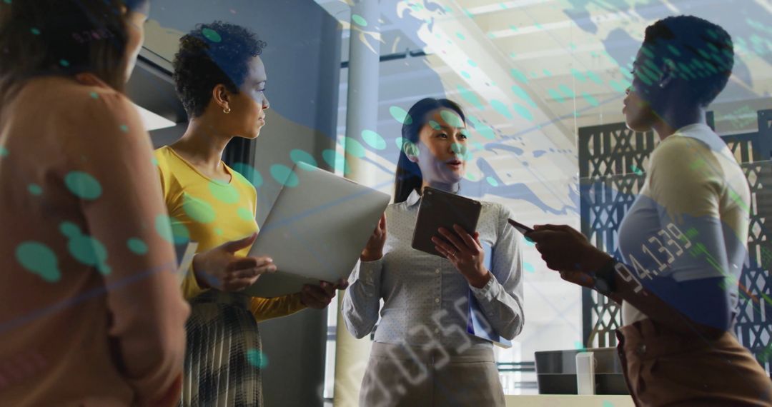 Diverse Team Discussing Business Strategy with Digital Analysis Overlay