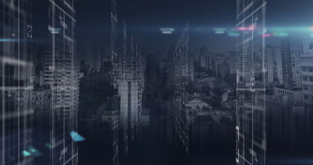 Futuristic Cityscape with Data Processing Illuminations