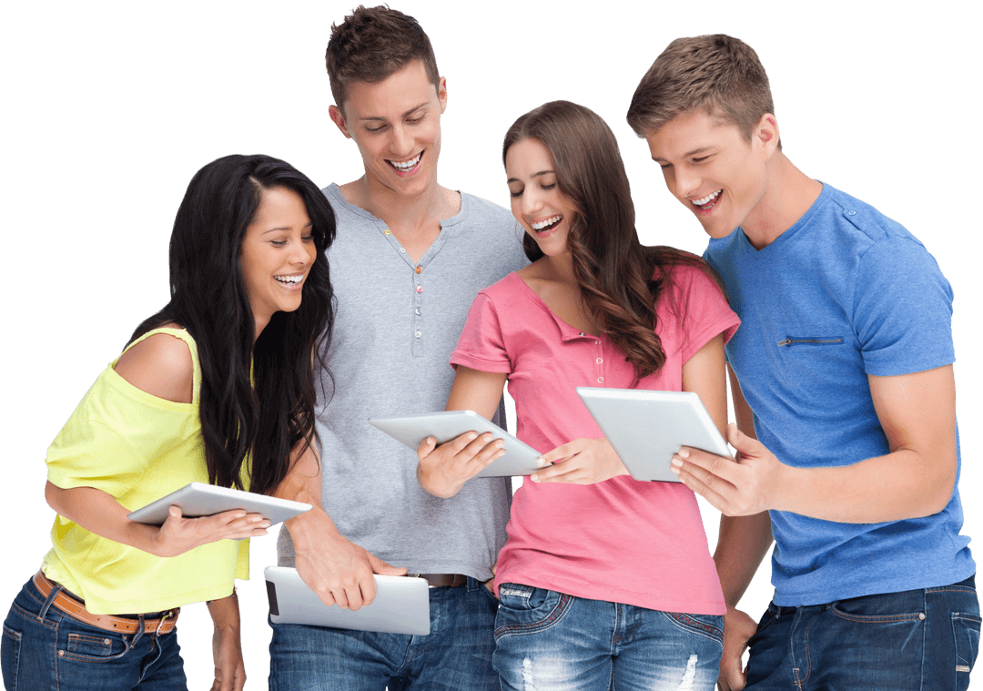 Laughing Group of Friends Using Tablets, Transparent Background