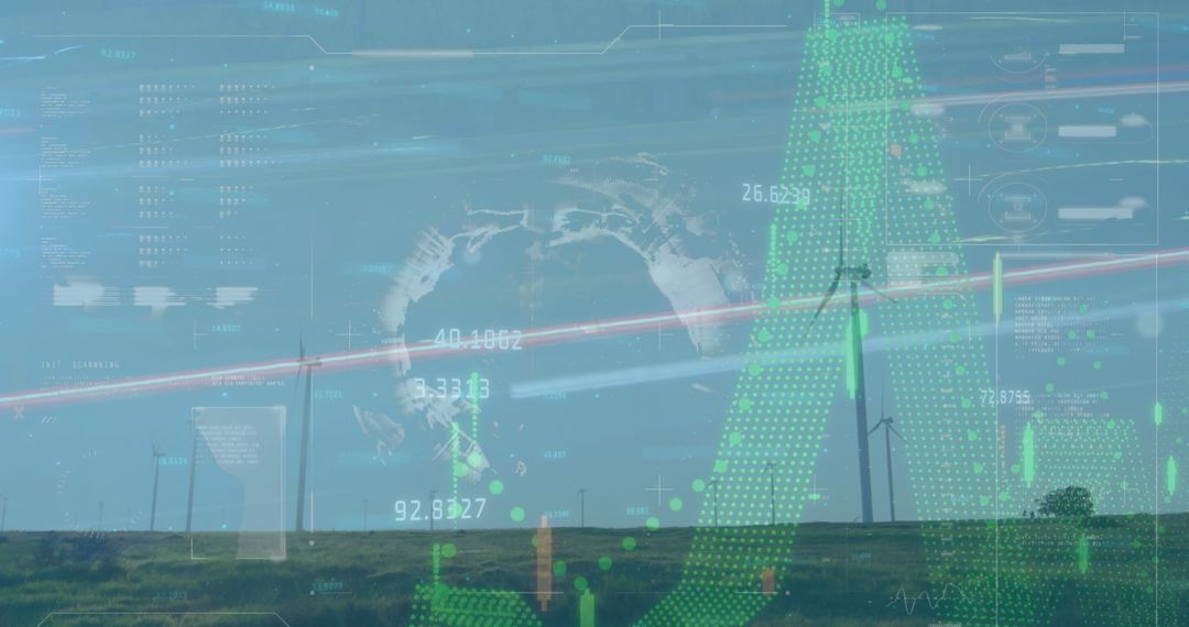 Digital Interface Overlays Wind Turbines in Renewable Energy Concept
