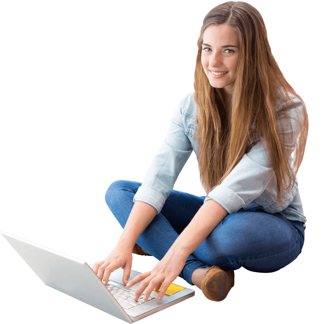 Happy Transparent University Student Using Laptop on Floor