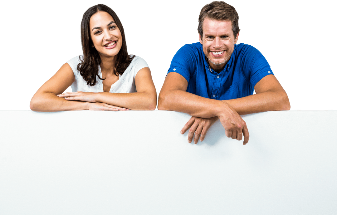 Happy Couple Smiling Behind Transparent Blank Banner