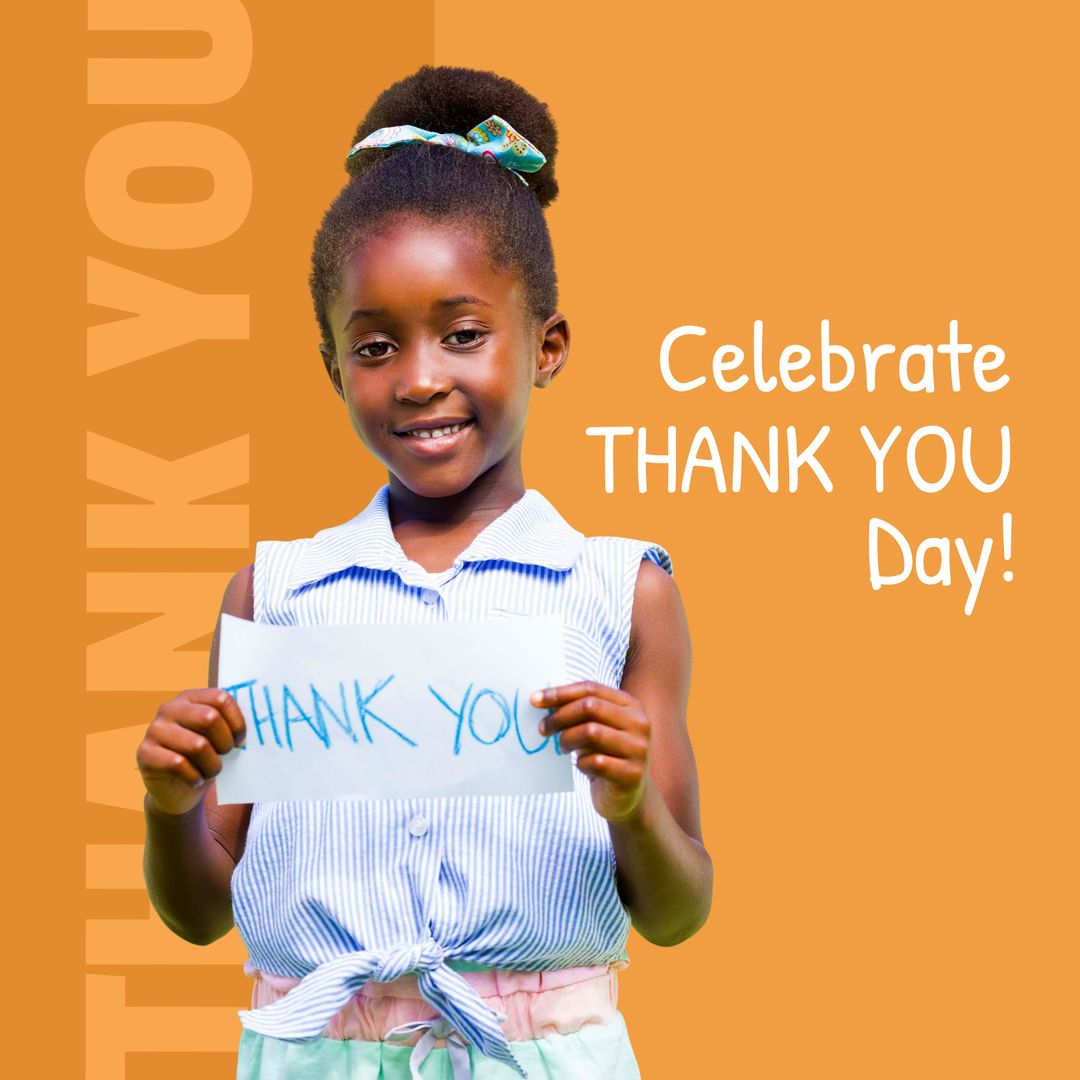 Smiling African American Girl Celebrates Thank You Day with Handmade Sign