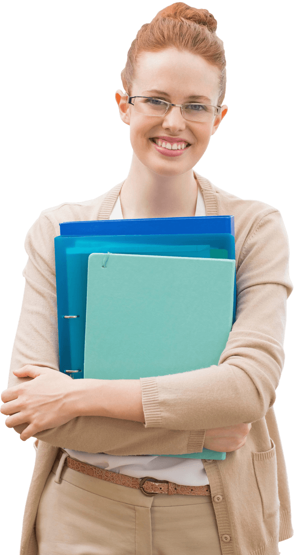 Caucasian Female Teacher Holding Files on Transparent Background